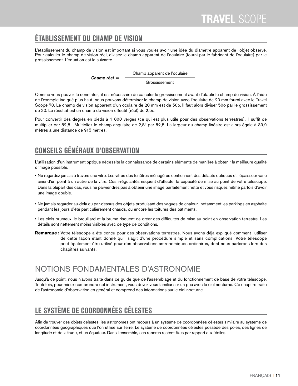 Établissement du champ de vision, Conseils généraux d’observation, Notions fondamentales d’astronomie | Le système de coordonnées célestes | Celestron Travel Scope 80mm f/5 AZ Refractor Telescope Kit User Manual | Page 31 / 100