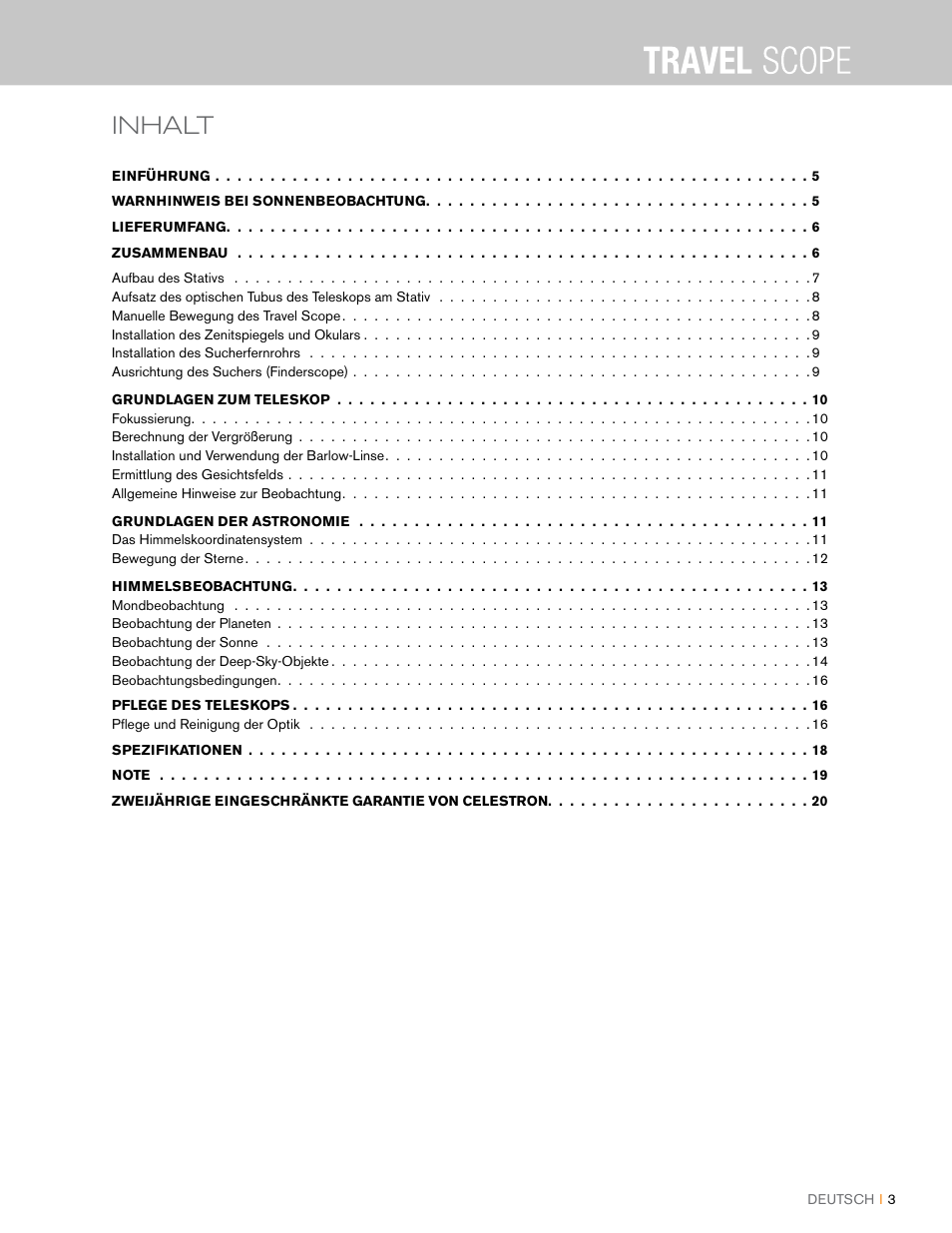 Inhalt | Celestron Travel Scope 80mm f/5 AZ Refractor Telescope Kit User Manual | Page 43 / 100