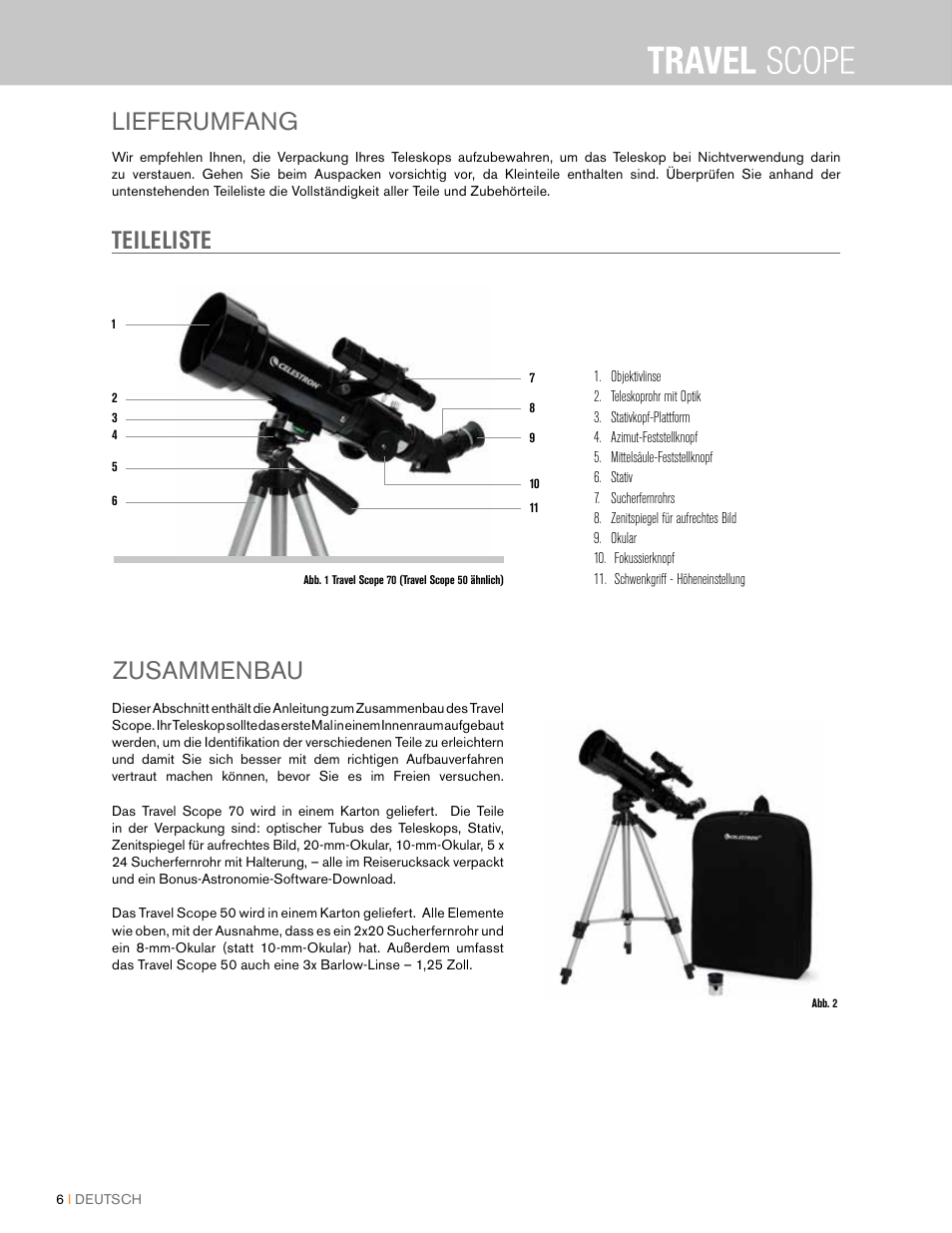 Teileliste lieferumfang zusammenbau | Celestron Travel Scope 80mm f/5 AZ Refractor Telescope Kit User Manual | Page 46 / 100