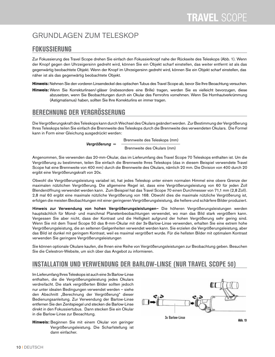 Grundlagen zum teleskop fokussierung, Berechnung der vergrösserung | Celestron Travel Scope 80mm f/5 AZ Refractor Telescope Kit User Manual | Page 50 / 100