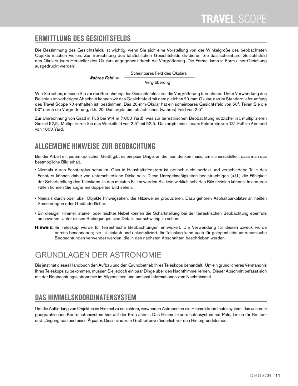 Ermittlung des gesichtsfelds, Allgemeine hinweise zur beobachtung, Grundlagen der astronomie | Das himmelskoordinatensystem | Celestron Travel Scope 80mm f/5 AZ Refractor Telescope Kit User Manual | Page 51 / 100