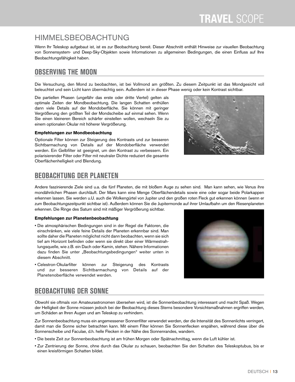 Himmelsbeobachtung, Observing the moon, Beobachtung der planeten | Beobachtung der sonne | Celestron Travel Scope 80mm f/5 AZ Refractor Telescope Kit User Manual | Page 53 / 100