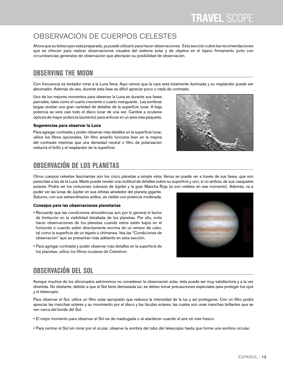 Observación de cuerpos celestes, Observing the moon, Observación de los planetas | Observación del sol | Celestron Travel Scope 80mm f/5 AZ Refractor Telescope Kit User Manual | Page 73 / 100