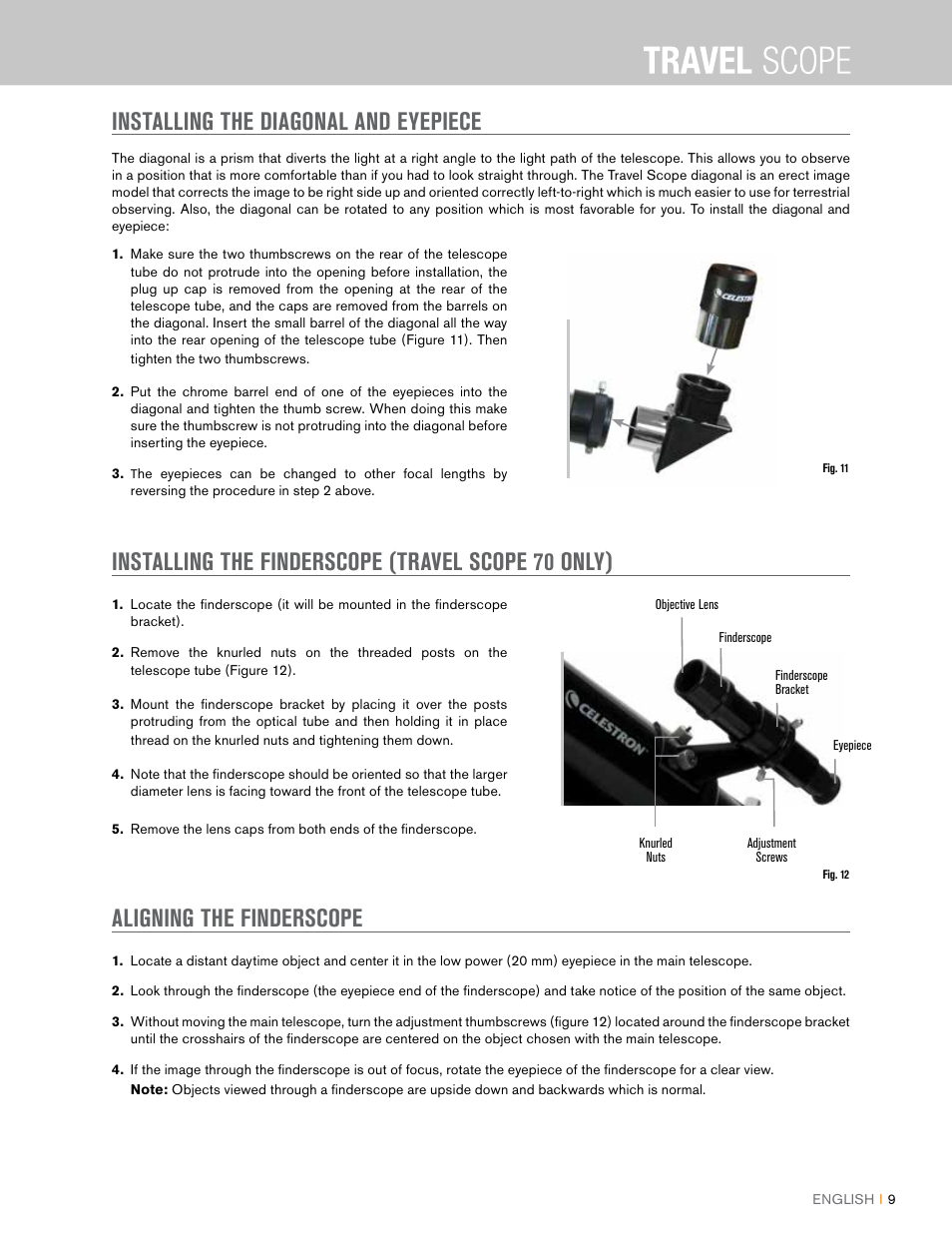 Installing the diagonal and eyepiece, Installing the finderscope (travel scope 70 only), Aligning the finderscope | Celestron Travel Scope 80mm f/5 AZ Refractor Telescope Kit User Manual | Page 9 / 100