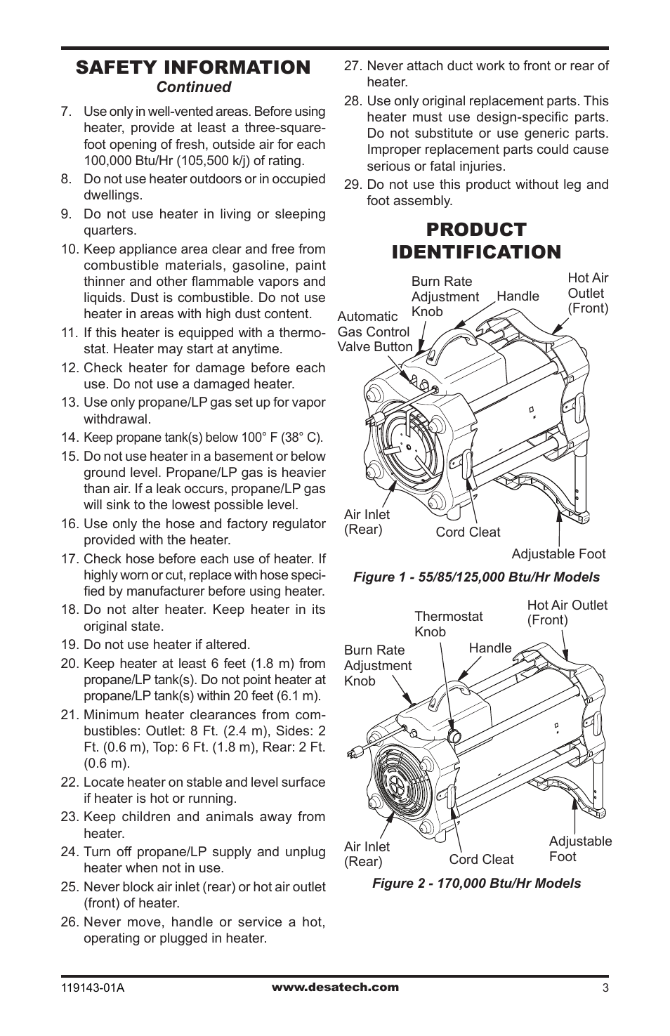 Product identification, Safety information | Desa TB111 User Manual | Page 3 / 56