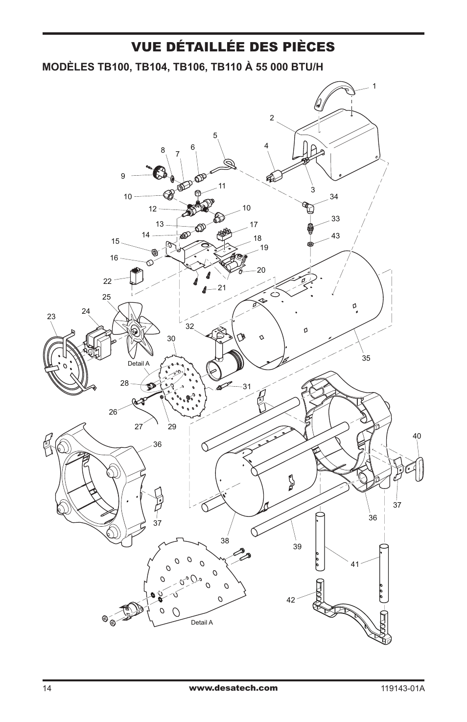 Vue détaillée et liste des pièces, Vue détaillée des pièces | Desa TB111 User Manual | Page 50 / 56