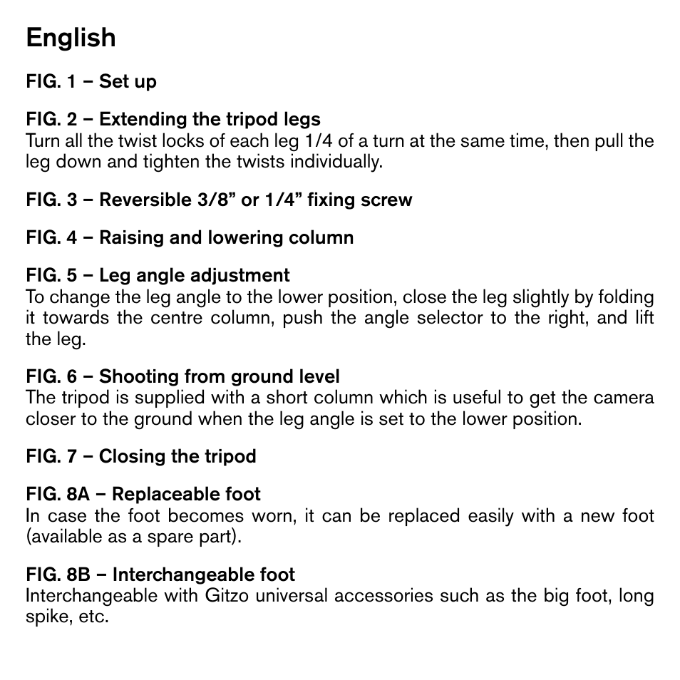 English | Gitzo GIGT1545T Traveler Series 1 Carbon Fiber Tripod User Manual | Page 10 / 28