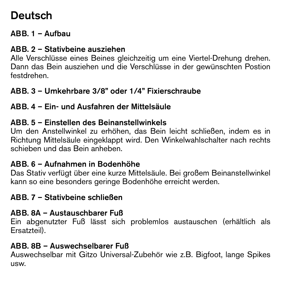 Deutsch | Gitzo GIGT1545T Traveler Series 1 Carbon Fiber Tripod User Manual | Page 14 / 28