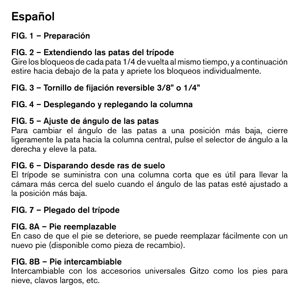 Español | Gitzo GIGT1545T Traveler Series 1 Carbon Fiber Tripod User Manual | Page 18 / 28