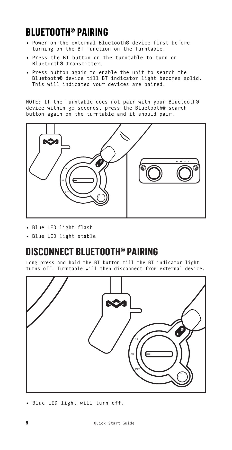 Bluetooth® pairing, Disconnect bluetooth® pairing | House of Marley Stir It Up Semi-Automatic Two-Speed Turntable with Bluetooth & USB User Manual | Page 10 / 91