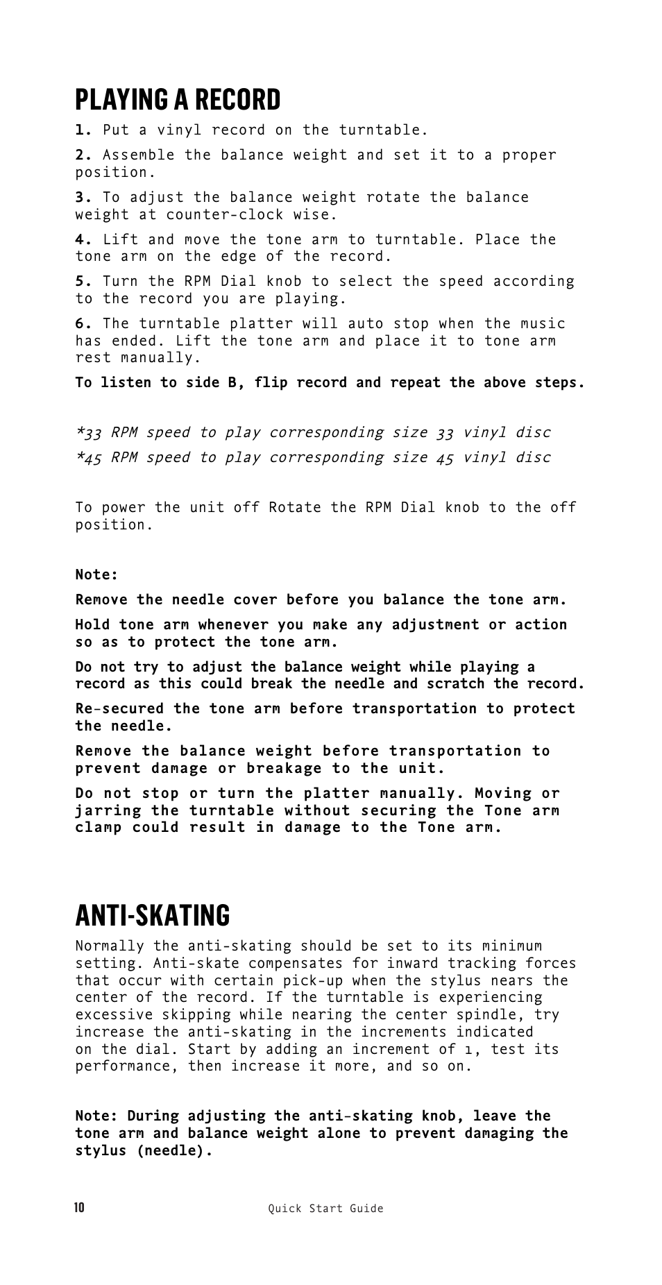 Playing a record, Anti-skating | House of Marley Stir It Up Semi-Automatic Two-Speed Turntable with Bluetooth & USB User Manual | Page 11 / 91
