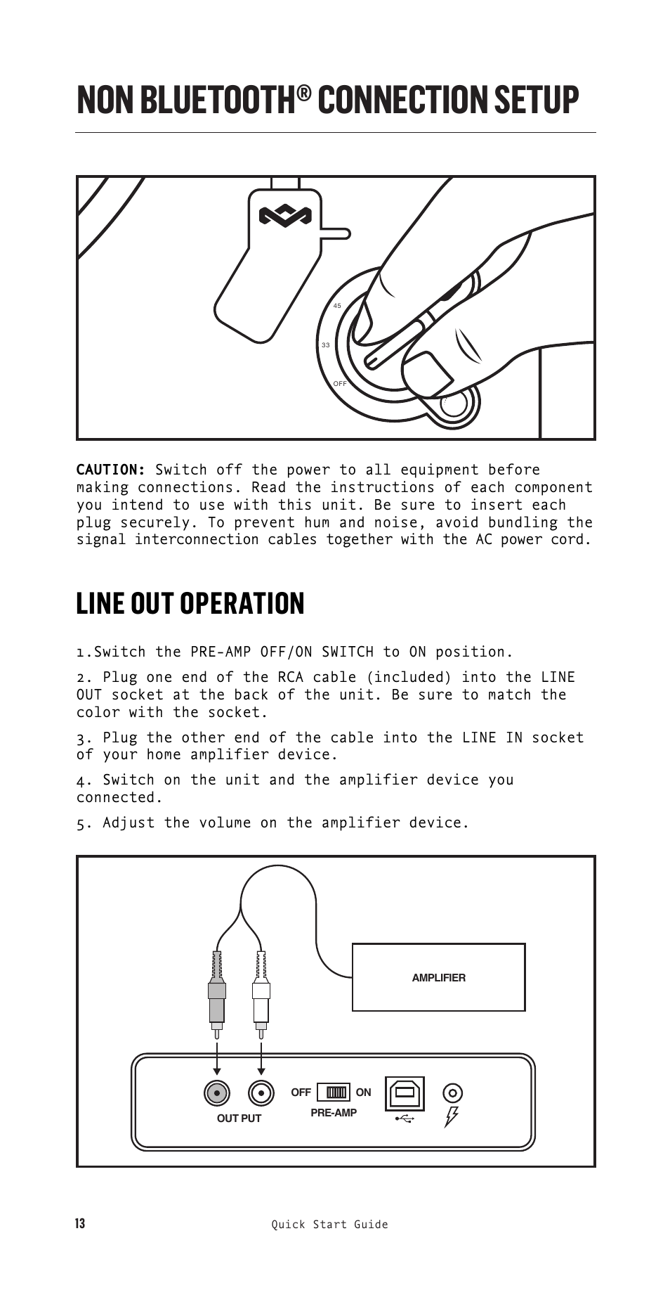 Non bluetooth® connection setup, Line out operation | House of Marley Stir It Up Semi-Automatic Two-Speed Turntable with Bluetooth & USB User Manual | Page 14 / 91