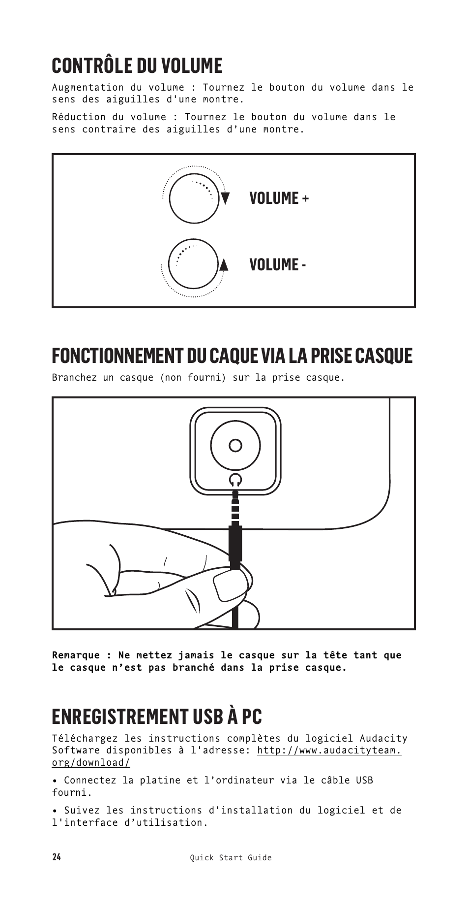 Contrôle du volume, Fonctionnement du caque via la prise casque, Enregistrement usb à pc | Volume + volume | House of Marley Stir It Up Semi-Automatic Two-Speed Turntable with Bluetooth & USB User Manual | Page 25 / 91