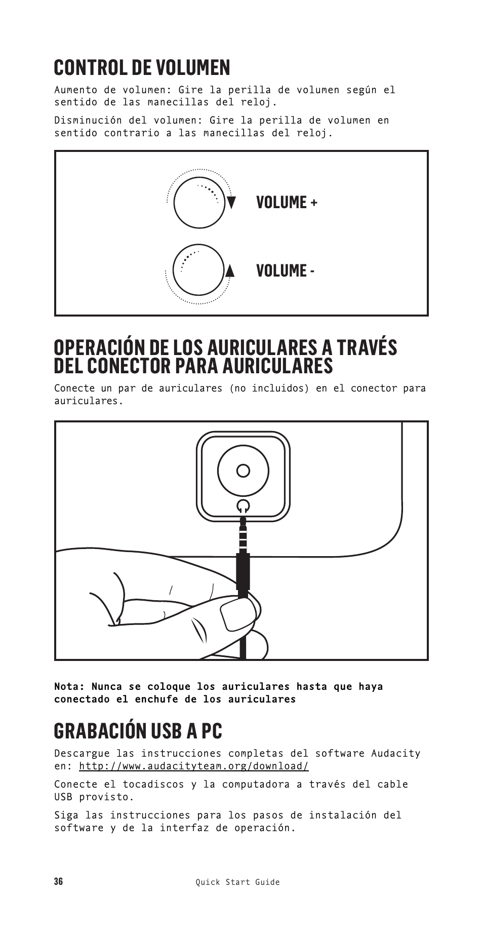 Control de volumen, Grabación usb a pc, Volume + volume | House of Marley Stir It Up Semi-Automatic Two-Speed Turntable with Bluetooth & USB User Manual | Page 37 / 91