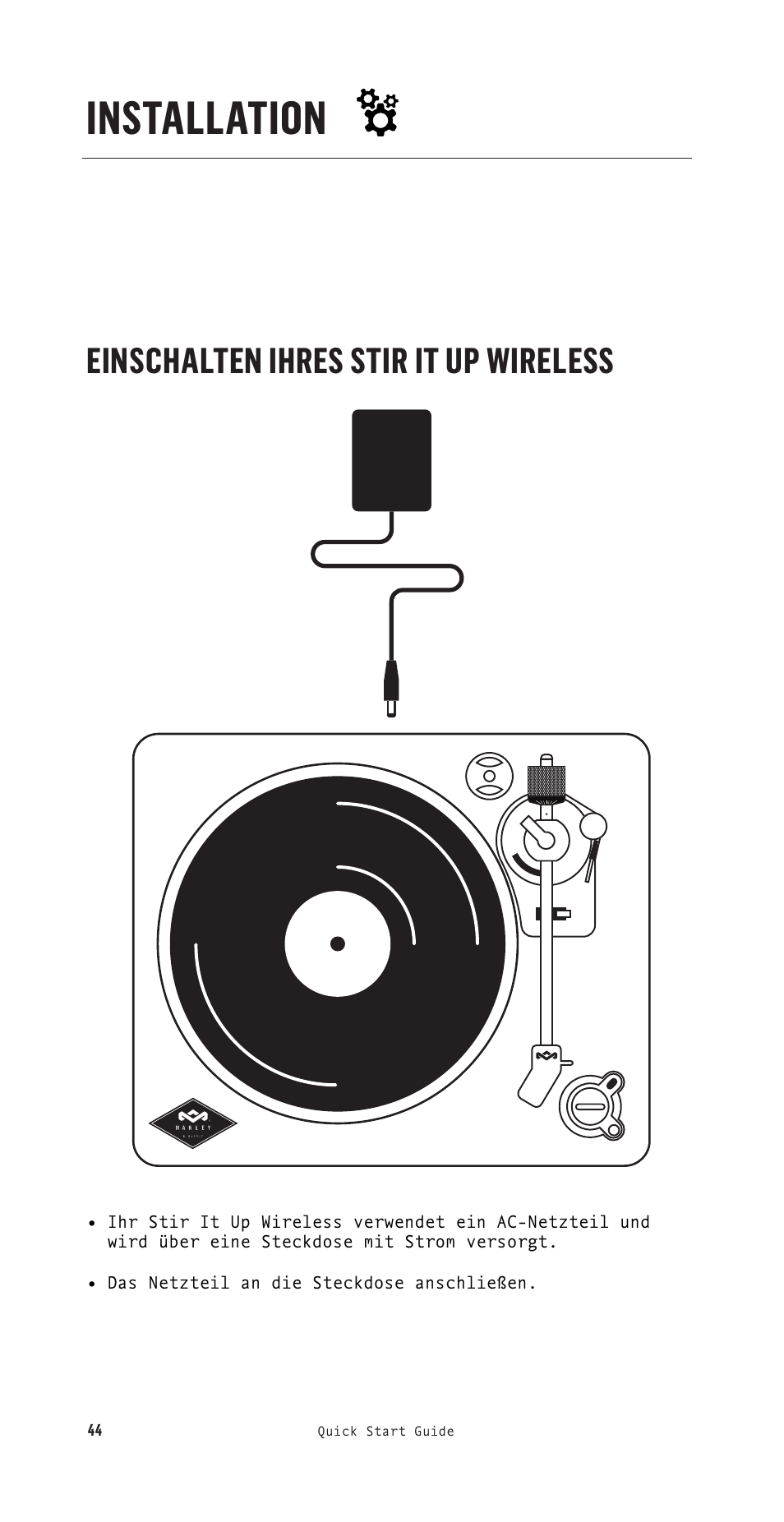 Installation, Einschalten ihres stir it up wireless | House of Marley Stir It Up Semi-Automatic Two-Speed Turntable with Bluetooth & USB User Manual | Page 45 / 91