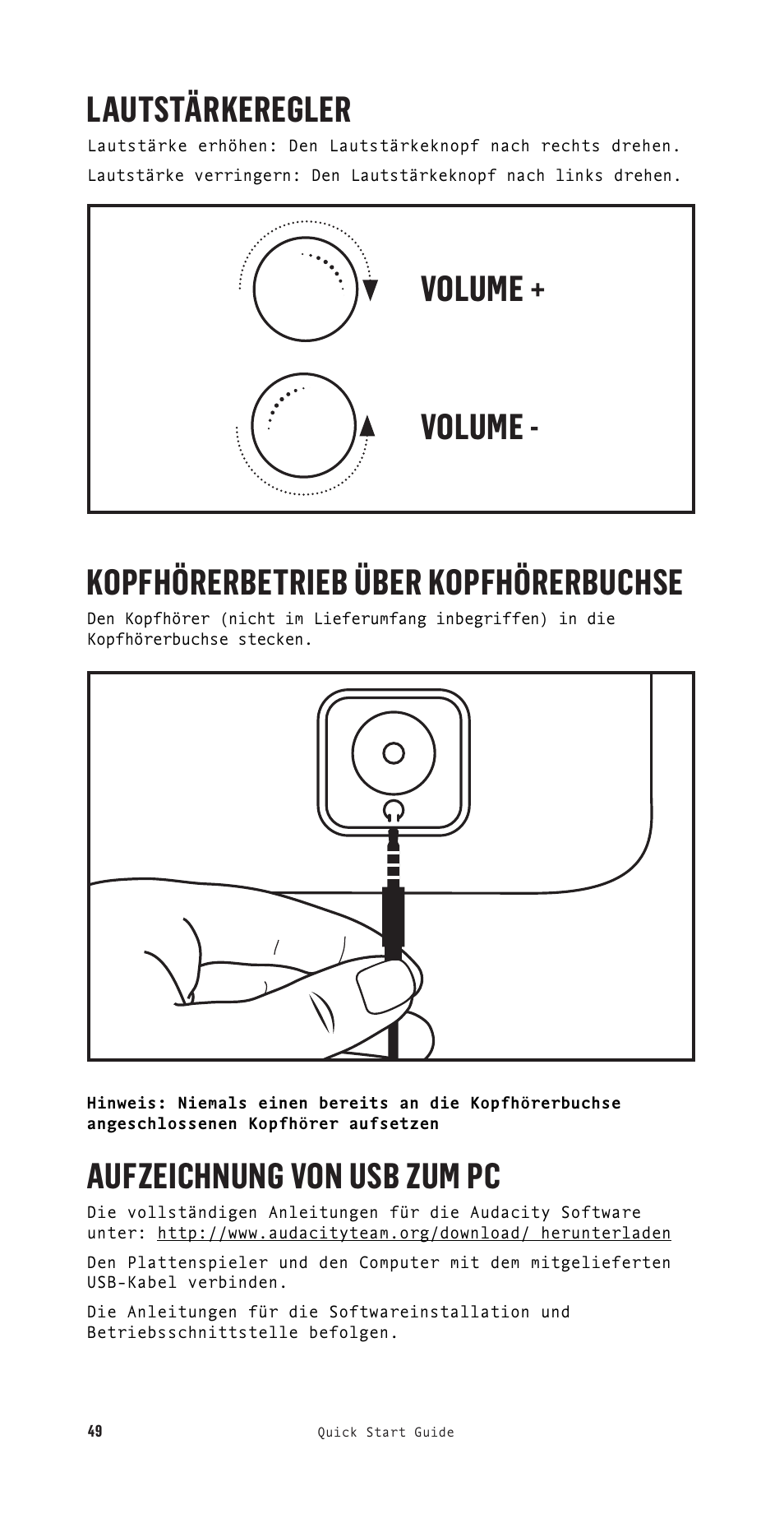 Lautstärkeregler, Kopfhörerbetrieb über kopfhörerbuchse, Aufzeichnung von usb zum pc | Volume + volume | House of Marley Stir It Up Semi-Automatic Two-Speed Turntable with Bluetooth & USB User Manual | Page 50 / 91