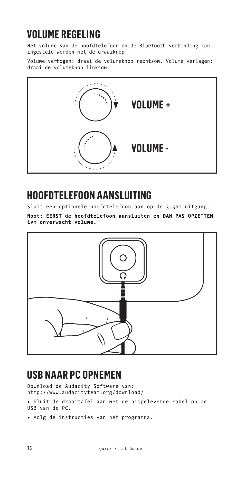 Volume regeling, Hoofdtelefoon aansluiting, Usb naar pc opnemen | Volume + volume | House of Marley Stir It Up Semi-Automatic Two-Speed Turntable with Bluetooth & USB User Manual | Page 76 / 91