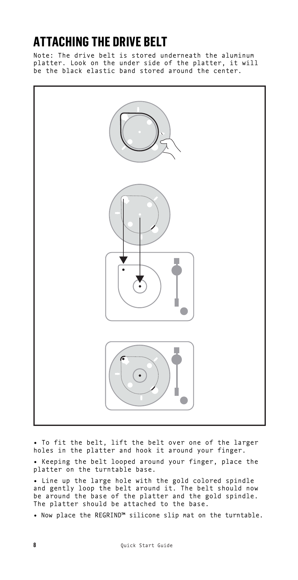 Attaching the drive belt | House of Marley Stir It Up Semi-Automatic Two-Speed Turntable with Bluetooth & USB User Manual | Page 9 / 91