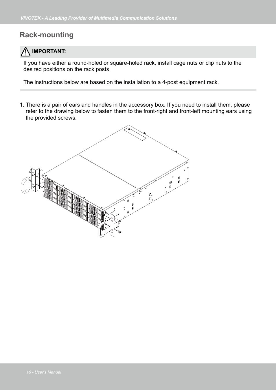 Rack-mounting | Vivotek NR9682-v2 64-Channel NVR (No HDD) User Manual | Page 16 / 296