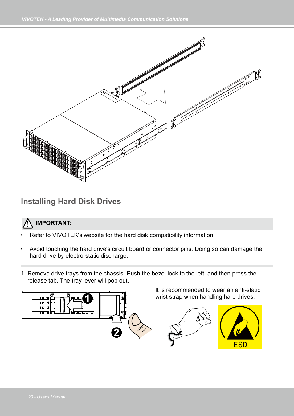 Installing hard disk drives | Vivotek NR9682-v2 64-Channel NVR (No HDD) User Manual | Page 20 / 296