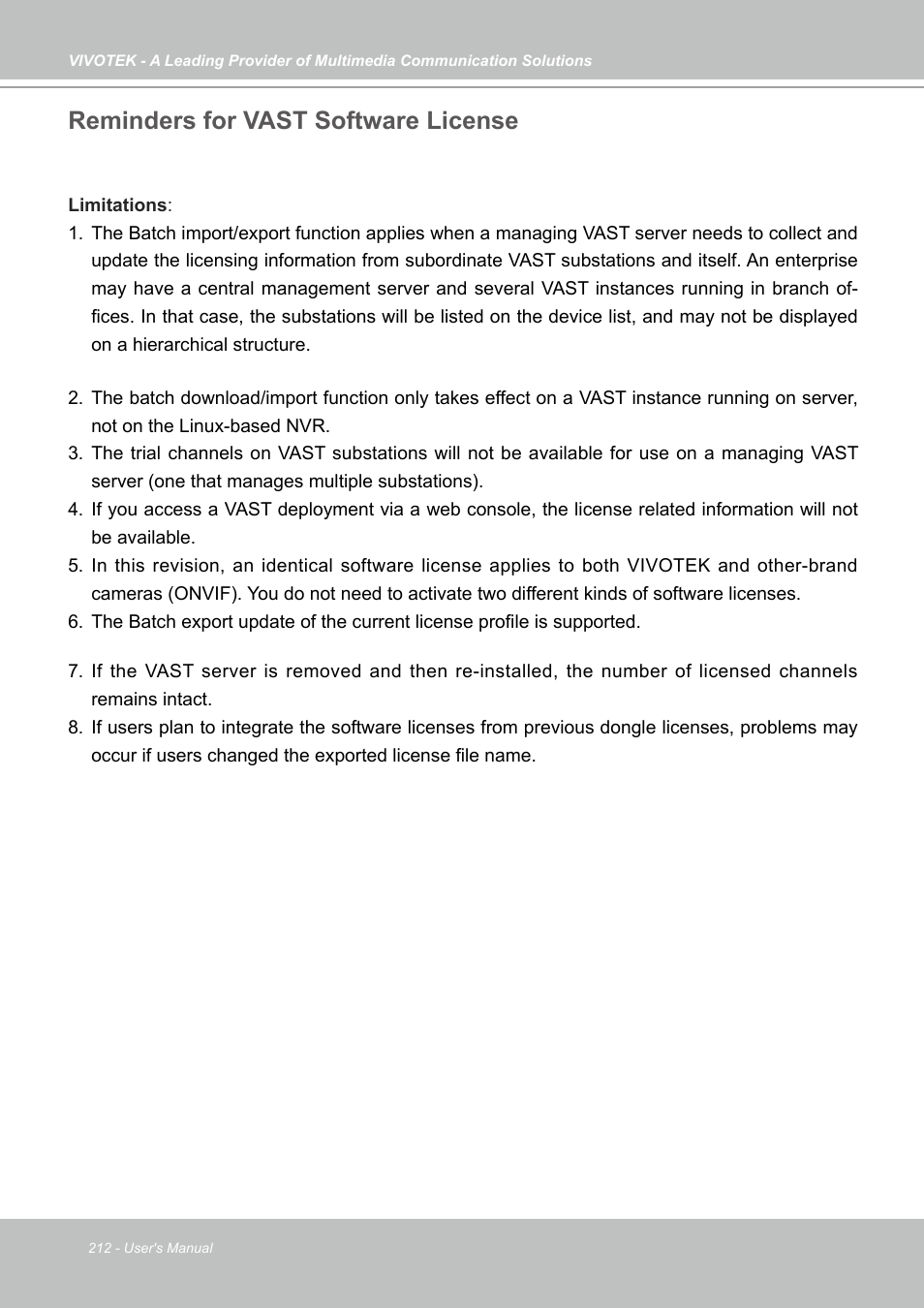 Reminders for vast software license | Vivotek NR9682-v2 64-Channel NVR (No HDD) User Manual | Page 212 / 296