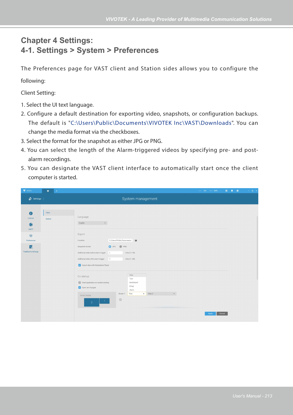 Chapter 4 settings, 1. settings > system > preferences | Vivotek NR9682-v2 64-Channel NVR (No HDD) User Manual | Page 213 / 296