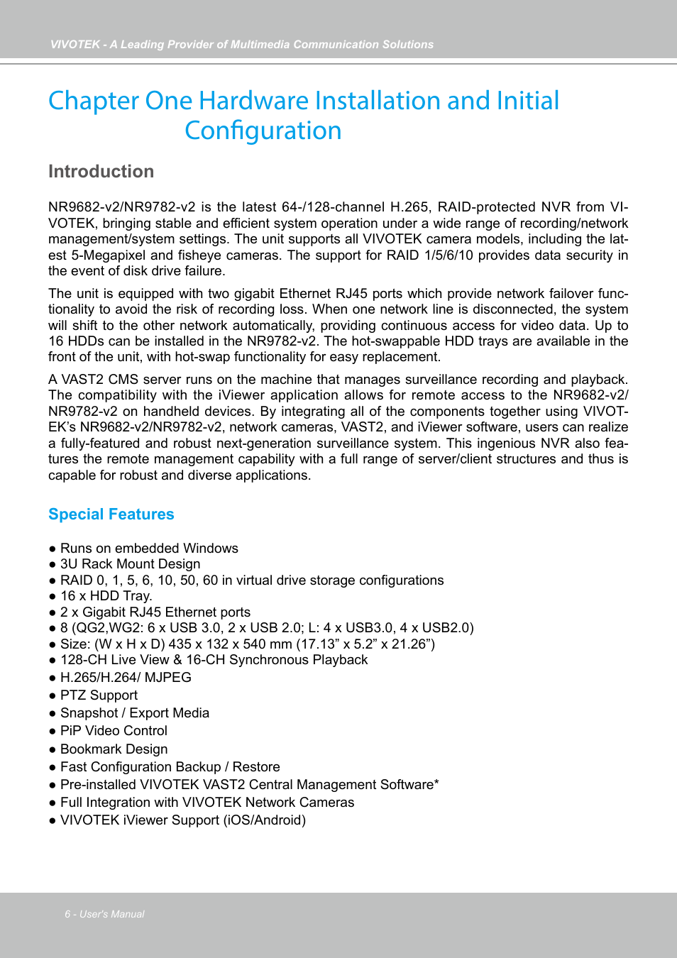 Introduction, Special features | Vivotek NR9682-v2 64-Channel NVR (No HDD) User Manual | Page 6 / 296