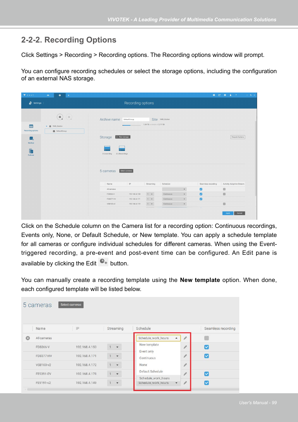 2-2. recording options | Vivotek NR9682-v2 64-Channel NVR (No HDD) User Manual | Page 99 / 296