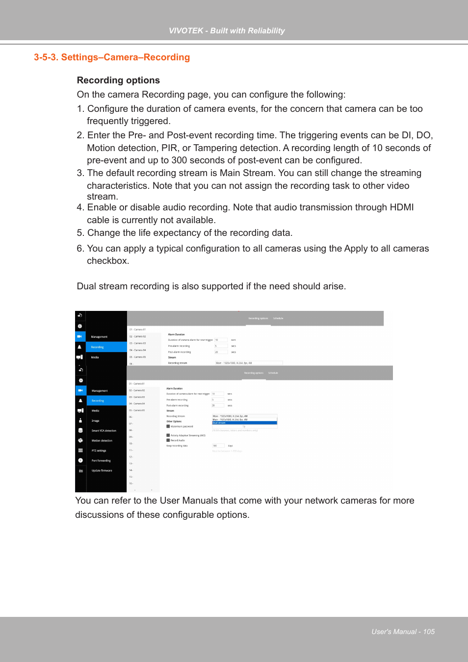 5-3. settings–camera–recording | Vivotek ND9542P 32-Channel 4K UHD NVR (No HDD) User Manual | Page 105 / 197