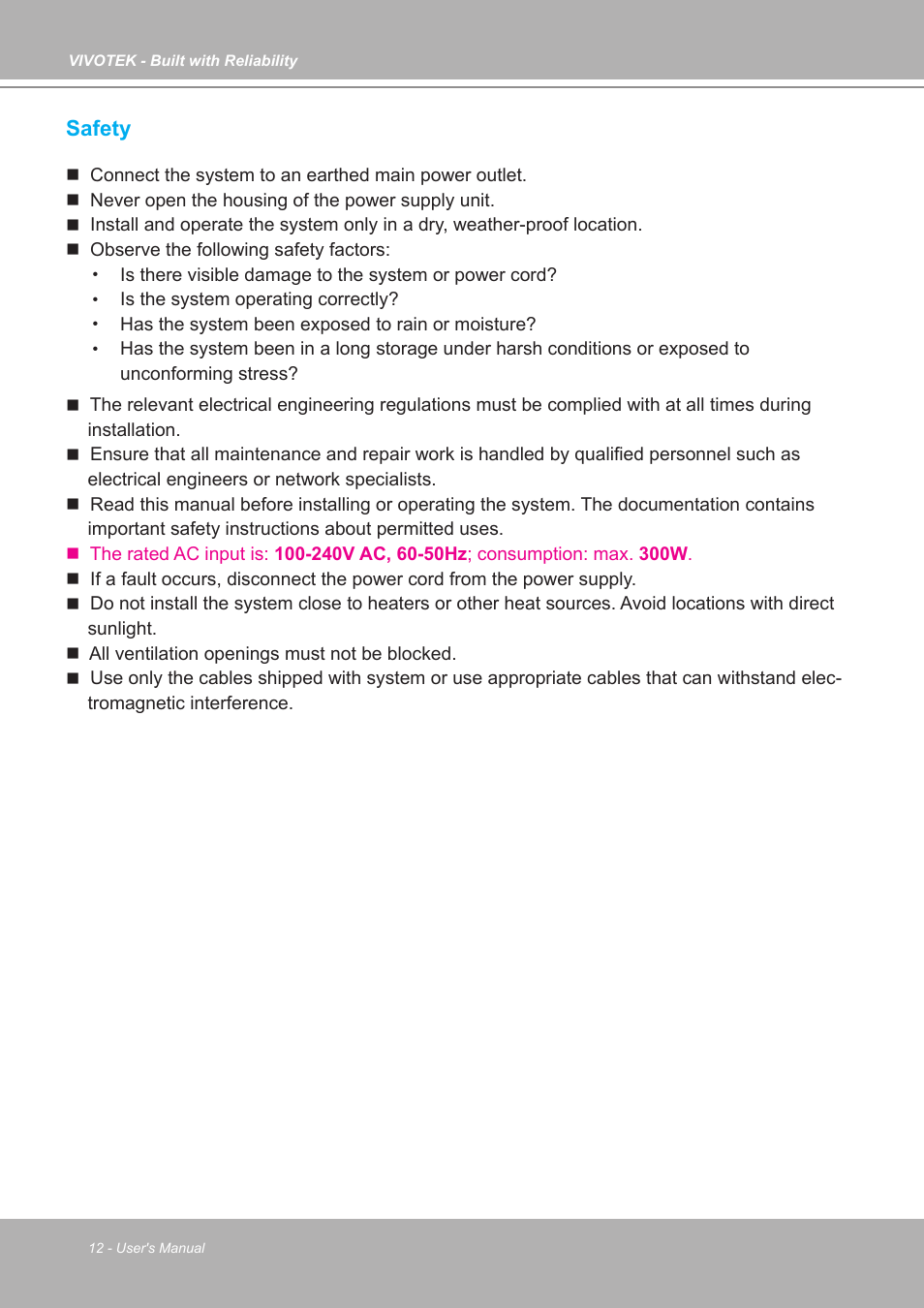 Safety | Vivotek ND9542P 32-Channel 4K UHD NVR (No HDD) User Manual | Page 12 / 197