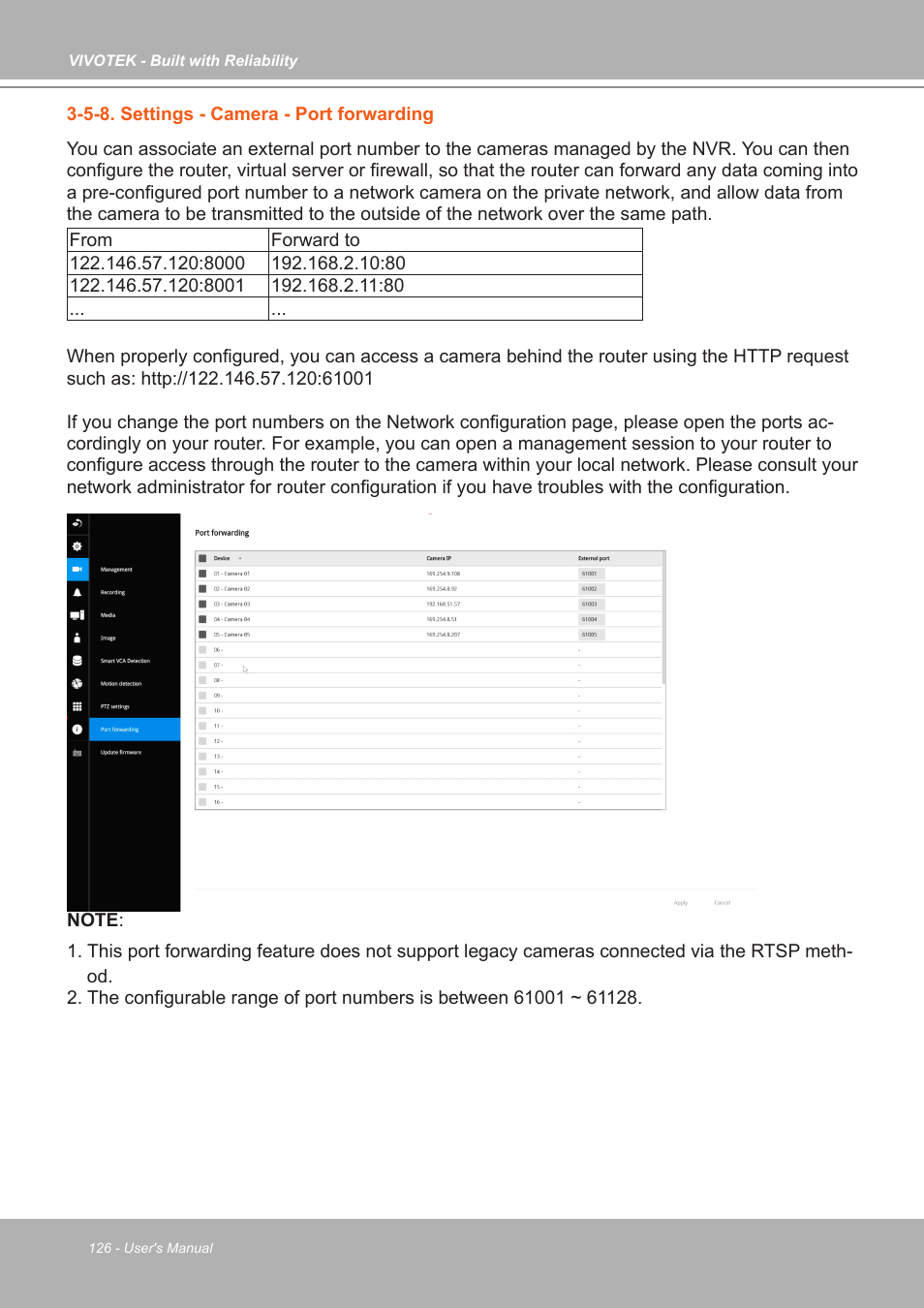 5-8. settings - camera - port forwarding | Vivotek ND9542P 32-Channel 4K UHD NVR (No HDD) User Manual | Page 126 / 197