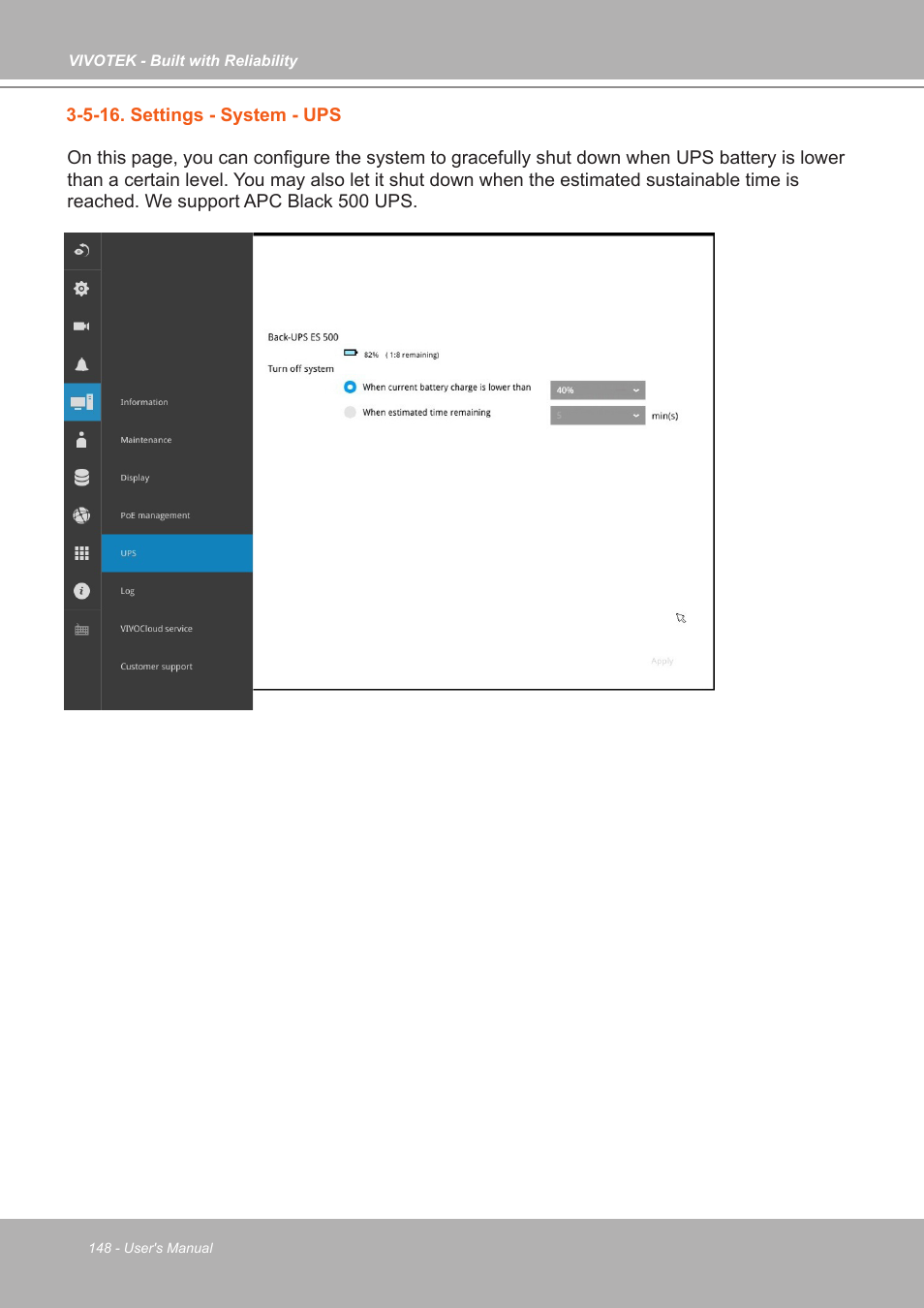 5-16. settings - system - ups | Vivotek ND9542P 32-Channel 4K UHD NVR (No HDD) User Manual | Page 148 / 197