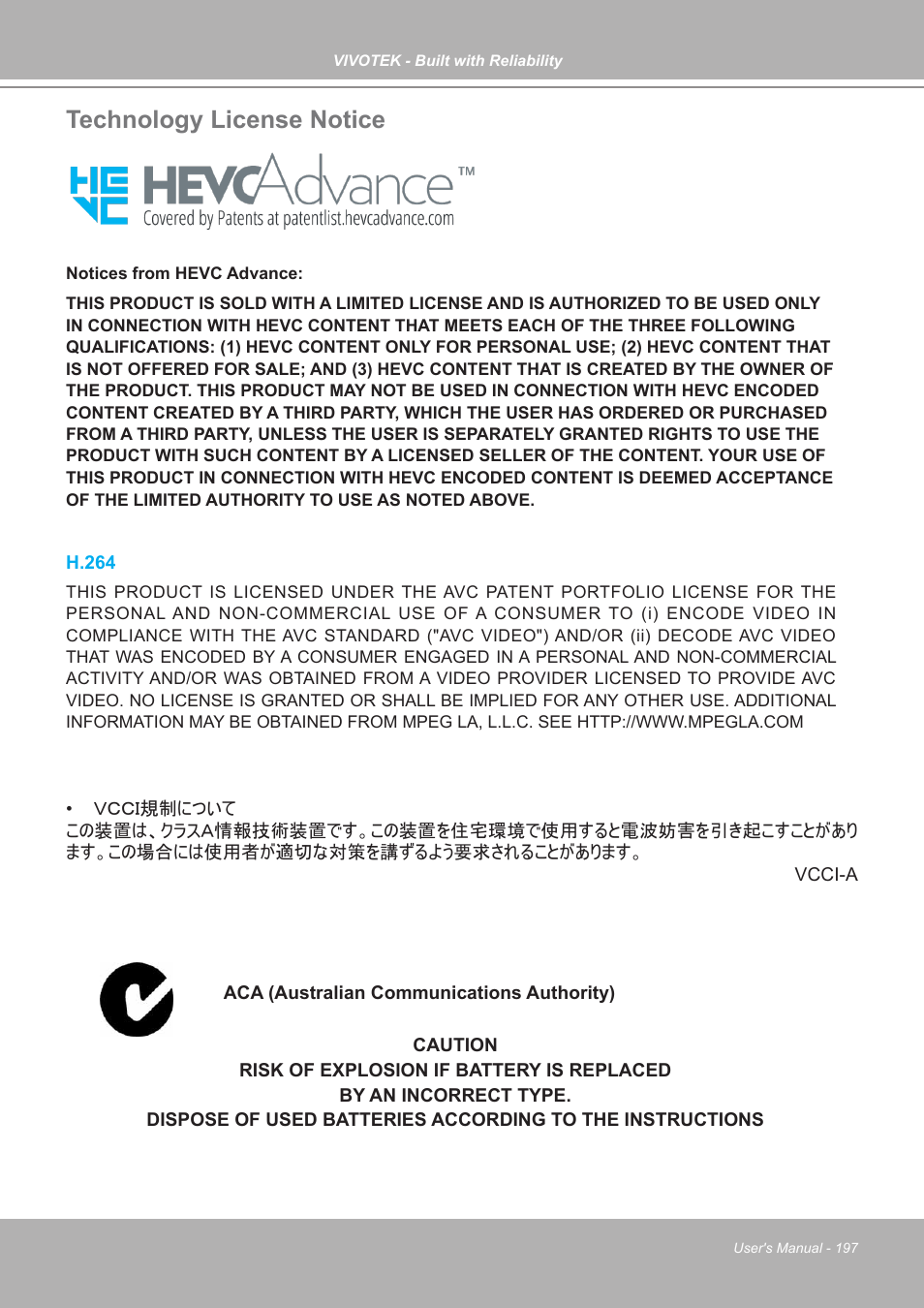 Technology license notice | Vivotek ND9542P 32-Channel 4K UHD NVR (No HDD) User Manual | Page 197 / 197