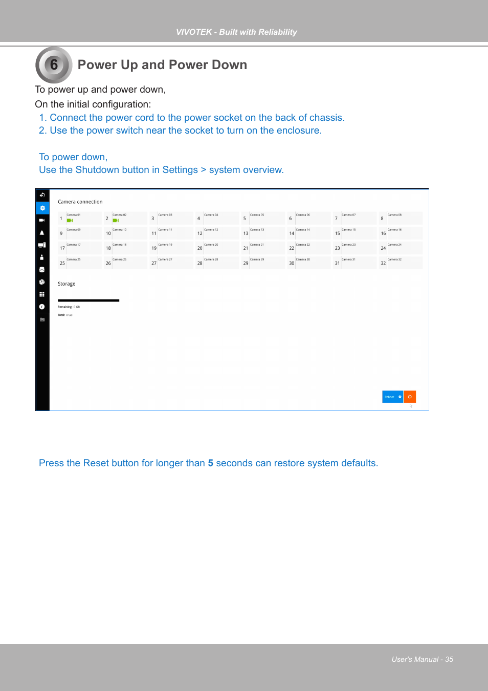 Power up and power down | Vivotek ND9542P 32-Channel 4K UHD NVR (No HDD) User Manual | Page 35 / 197