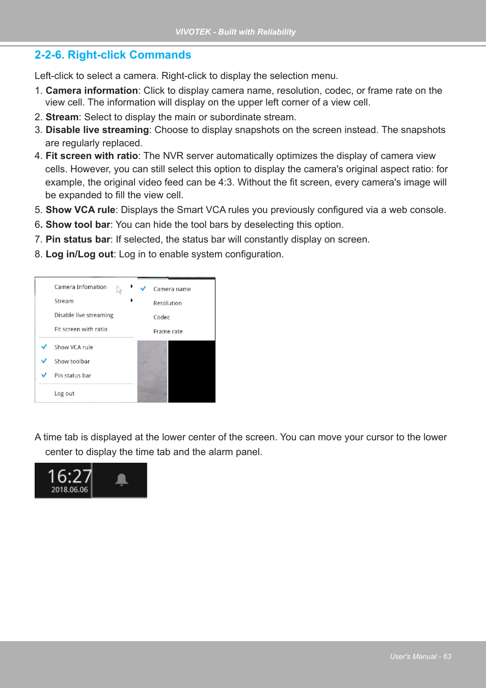 2-6. right-click commands | Vivotek ND9542P 32-Channel 4K UHD NVR (No HDD) User Manual | Page 63 / 197