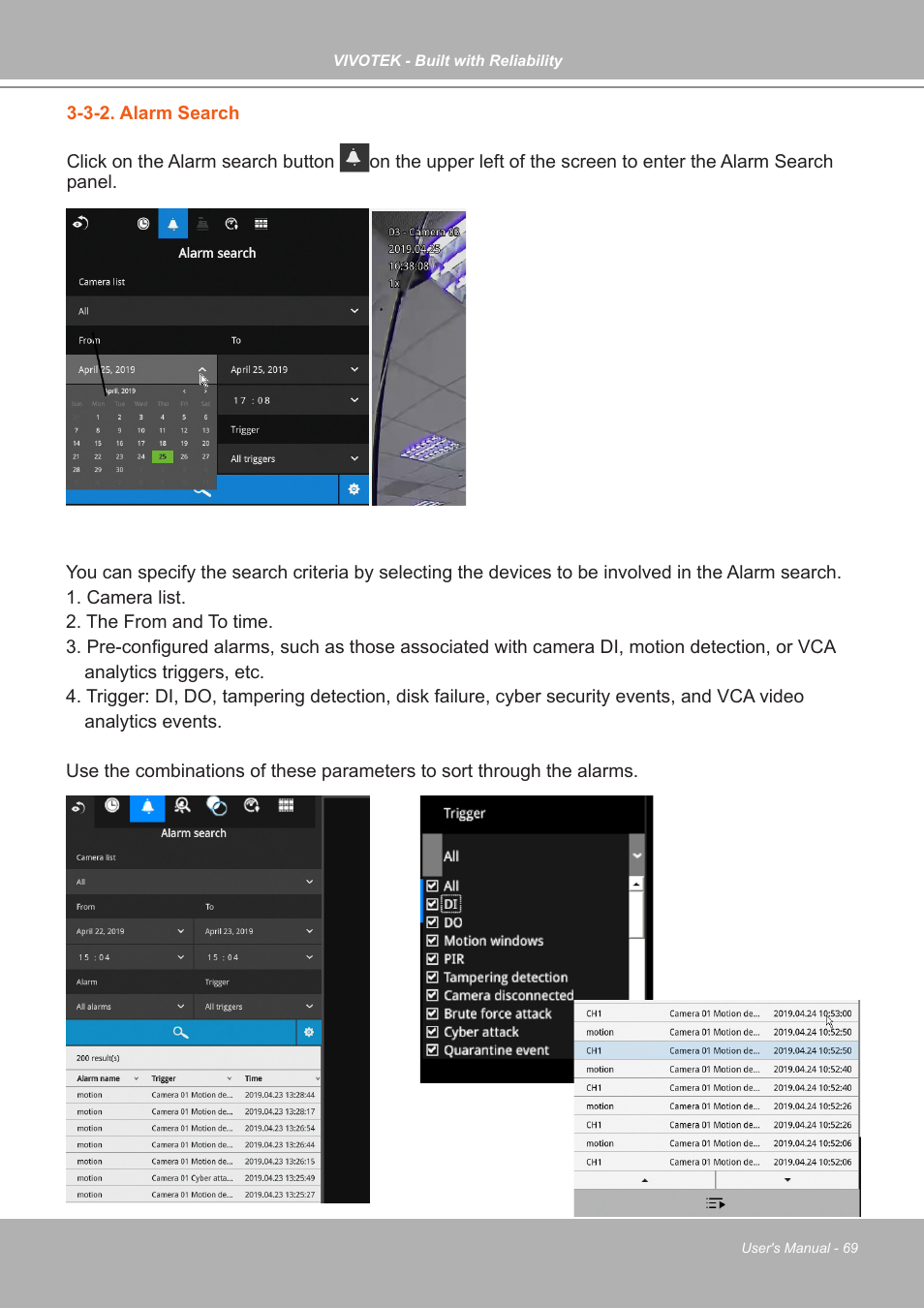 3-2. alarm search | Vivotek ND9542P 32-Channel 4K UHD NVR (No HDD) User Manual | Page 69 / 197