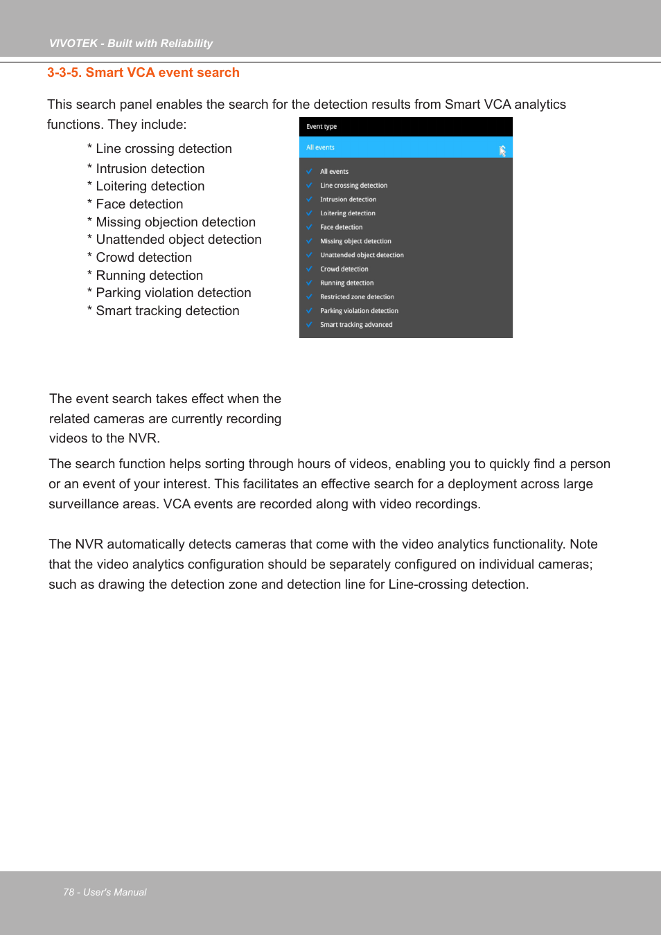 3-5. smart vca event search | Vivotek ND9542P 32-Channel 4K UHD NVR (No HDD) User Manual | Page 78 / 197