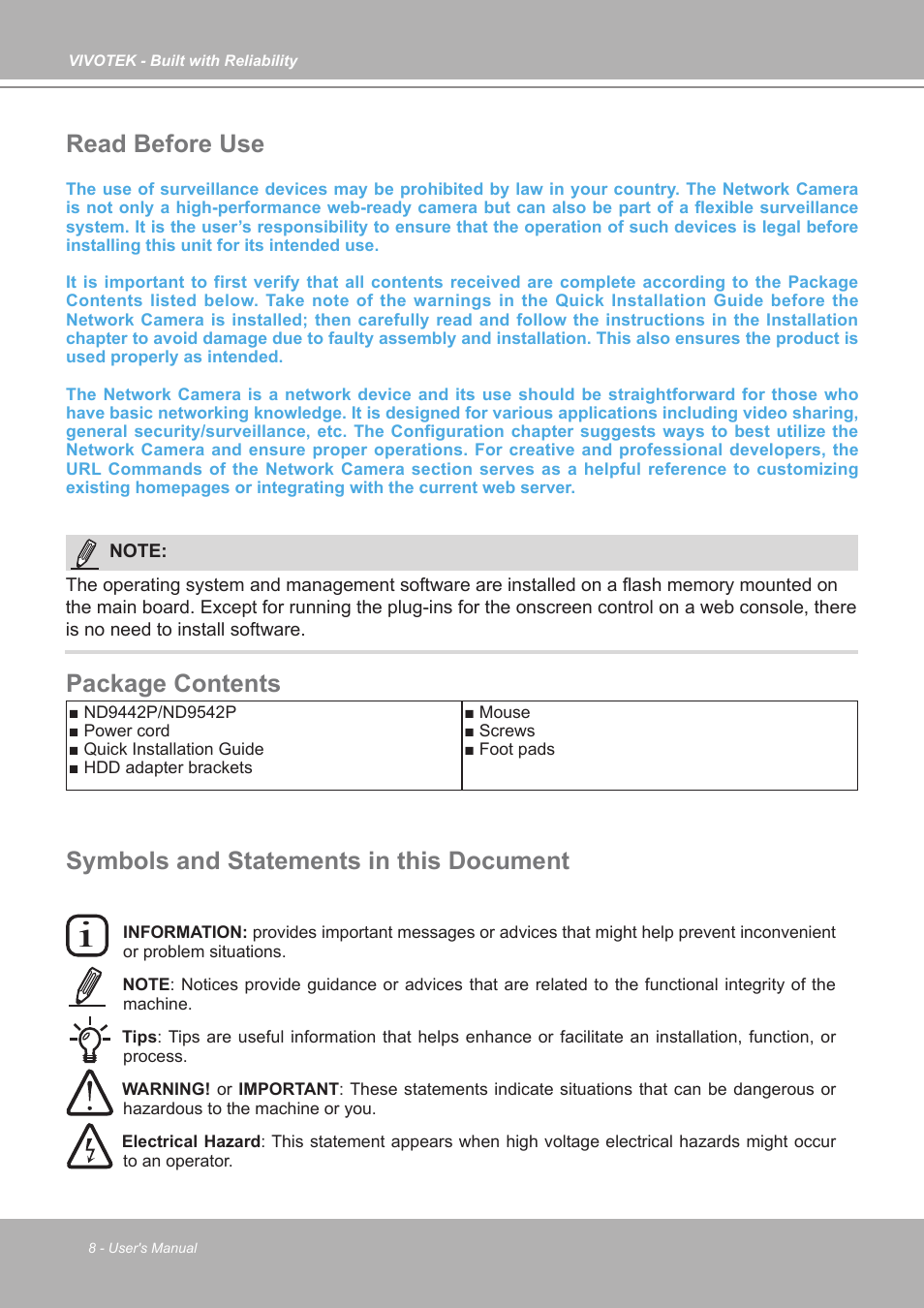 Symbols and statements in this document, Read before use, Package contents | Vivotek ND9542P 32-Channel 4K UHD NVR (No HDD) User Manual | Page 8 / 197