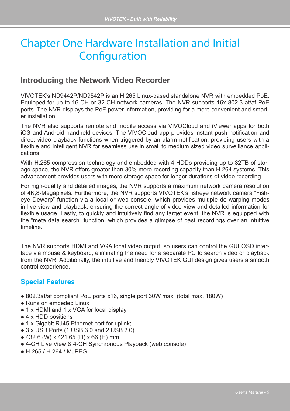 Introducing the network video recorder, Special features | Vivotek ND9542P 32-Channel 4K UHD NVR (No HDD) User Manual | Page 9 / 197