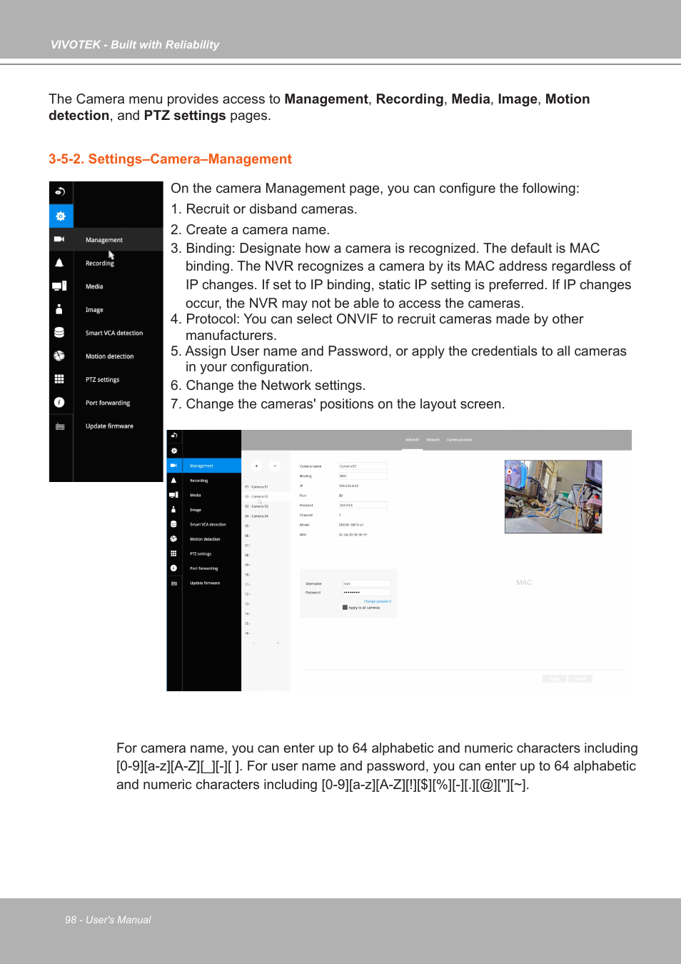 5-2. settings–camera–management | Vivotek ND9542P 32-Channel 4K UHD NVR (No HDD) User Manual | Page 98 / 197