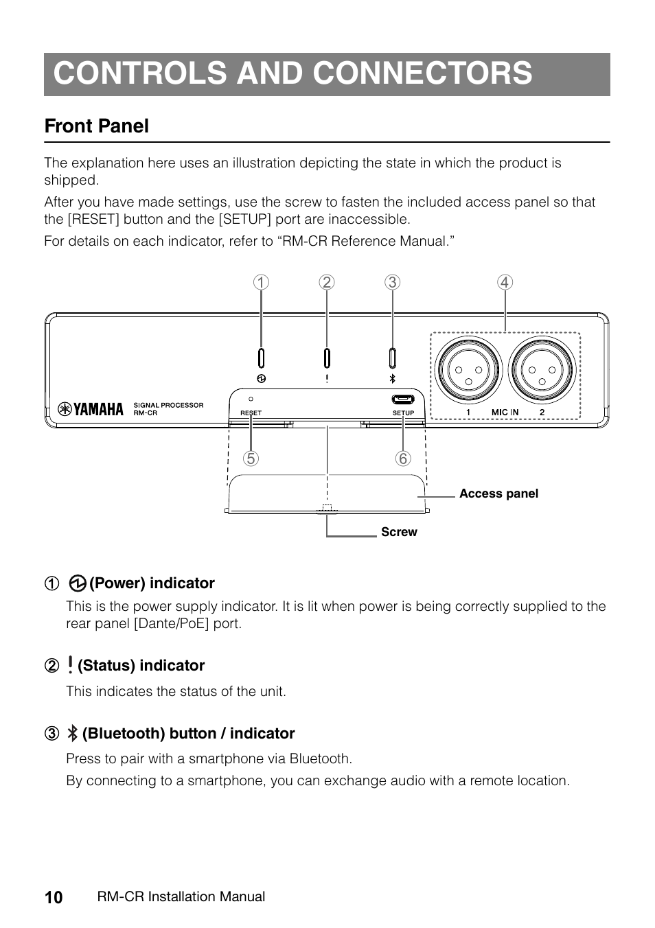 Controls and connectors, Front panel | Yamaha RM-CR Remote Conference Processor with Dante User Manual | Page 10 / 208