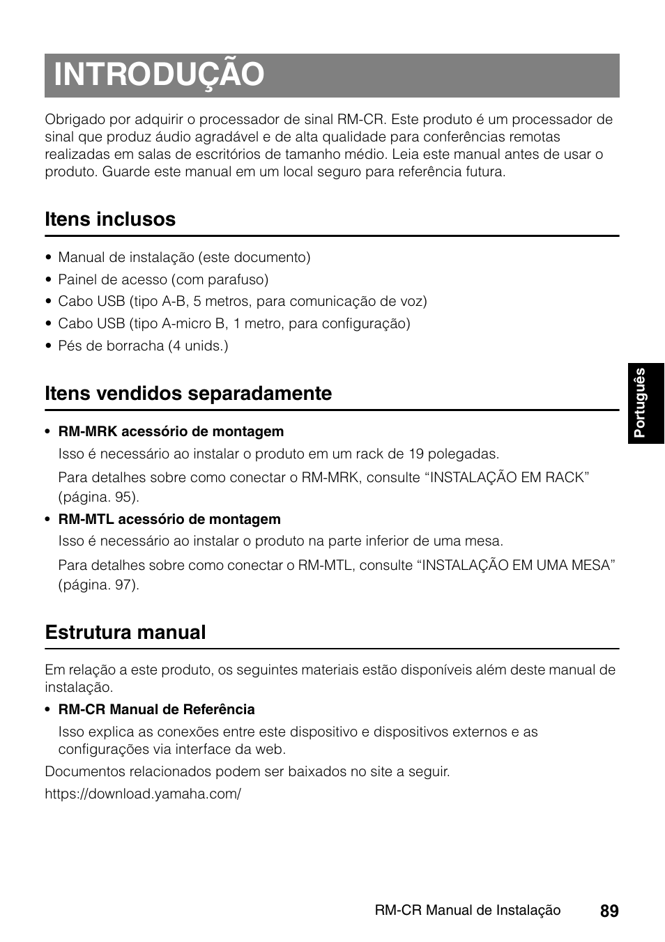 Introdução, Itens inclusos, Itens vendidos separadamente | Estrutura manual | Yamaha RM-CR Remote Conference Processor with Dante User Manual | Page 89 / 208