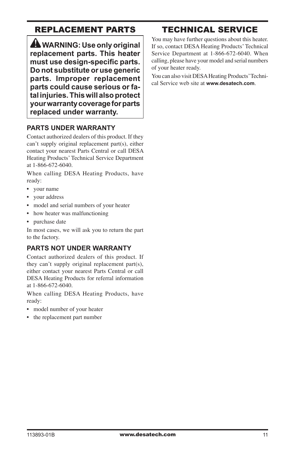 Replacement parts, Technical service | Desa Air Conditioner User Manual | Page 11 / 18