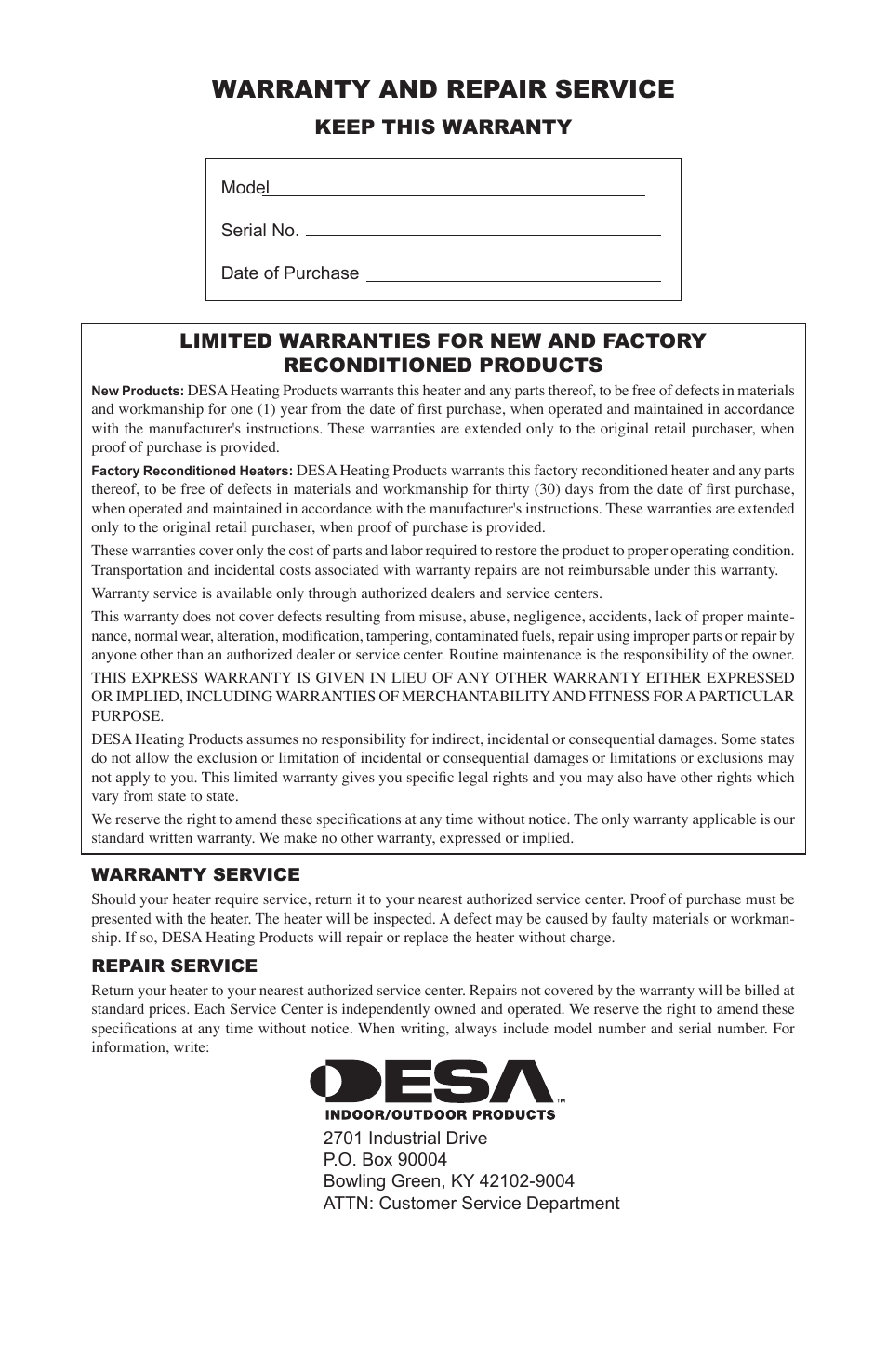 Warranty and repair service, Keep this warranty | Desa Air Conditioner User Manual | Page 18 / 18