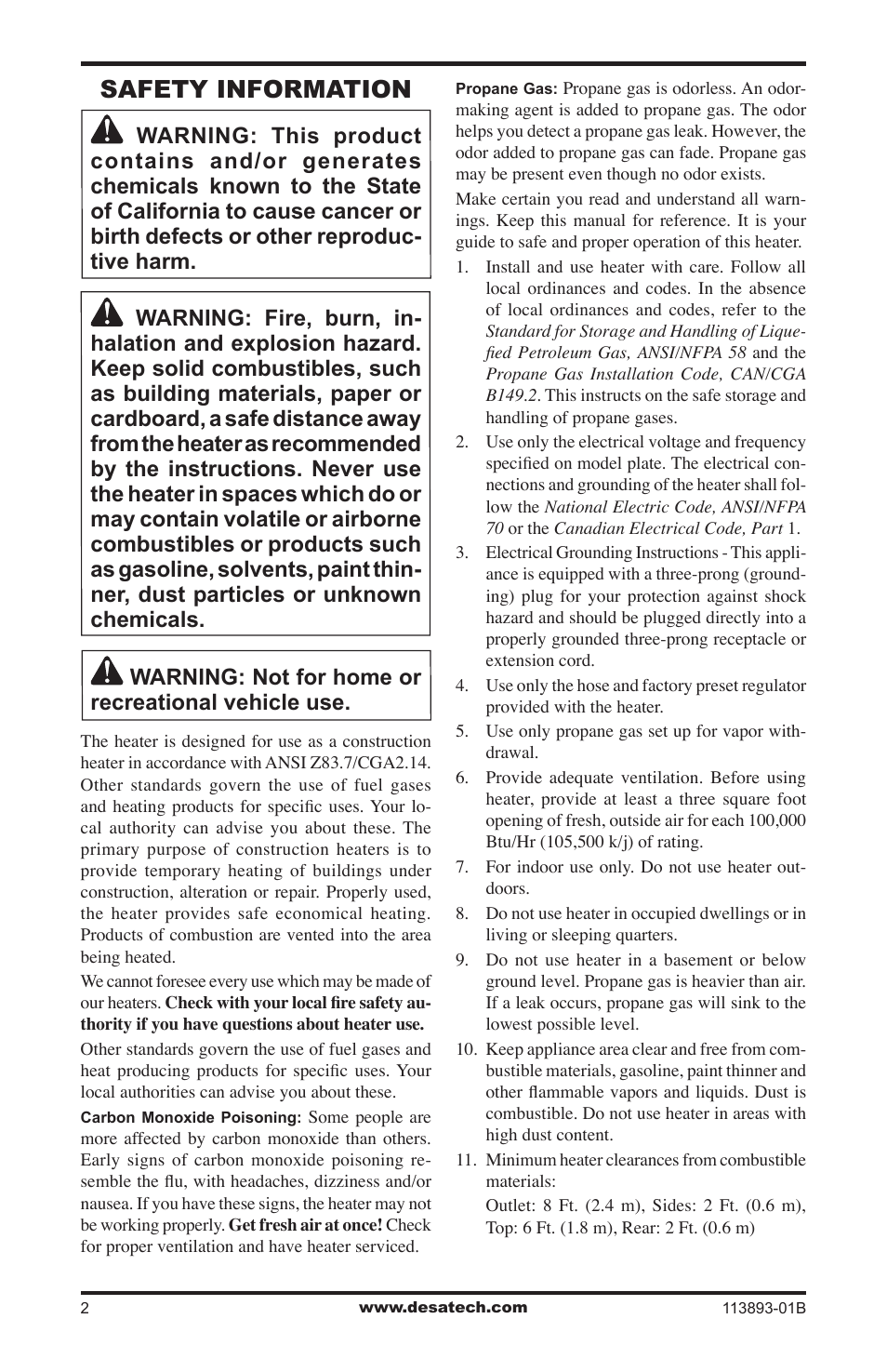 Safety information | Desa Air Conditioner User Manual | Page 2 / 18