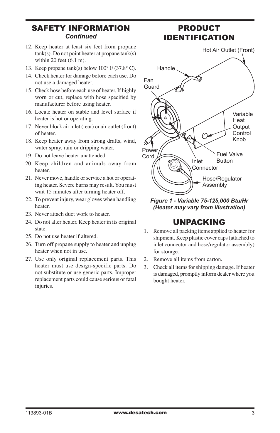 Product identification, Unpacking, Safety information | Desa Air Conditioner User Manual | Page 3 / 18