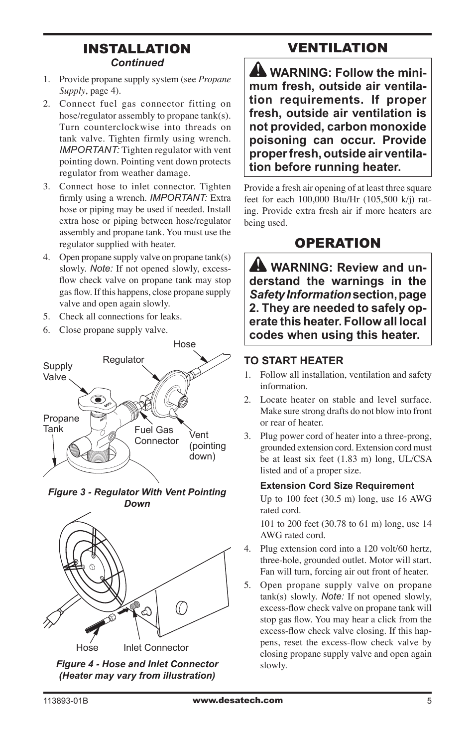 Ventilation, Operation, Installation | Desa Air Conditioner User Manual | Page 5 / 18