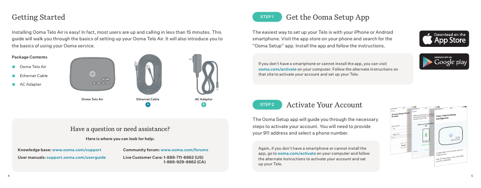 Getting started, Get the ooma setup app, Activate your account | Have a question or need assistance | ooma Telo VoIP Phone System (Black, $50 International Calling Credit) User Manual | Page 3 / 27