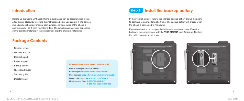 Introduction package contents, Install the backup battery, Step 1 | ooma Telo VoIP Phone System with DP1-T Wireless Desk Phone (Black) User Manual | Page 2 / 16