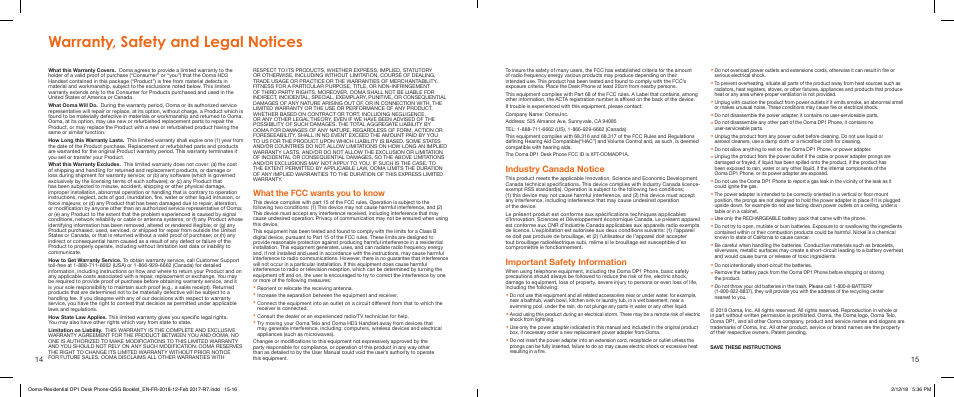 Warranty, safety and legal notices, Industry canada notice, Important safety information | What the fcc wants you to know | ooma Telo VoIP Phone System with DP1-T Wireless Desk Phone (Black) User Manual | Page 8 / 16